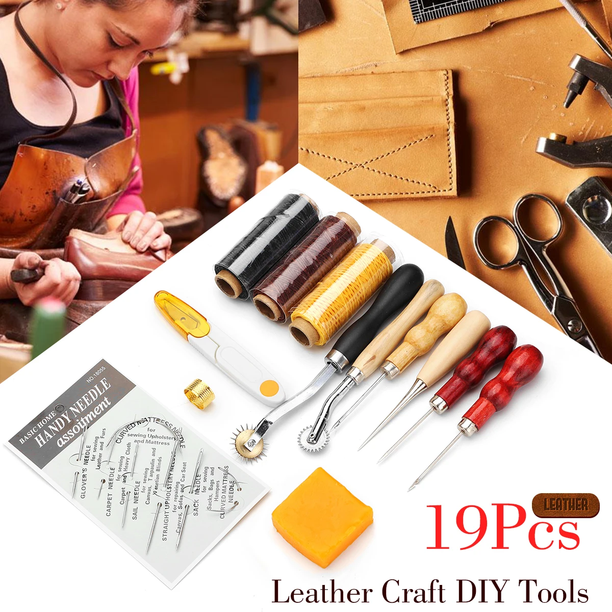 13PCS Leather Craft Tool Set Hand Stitching Sewing Tool Kit Thread Wood
