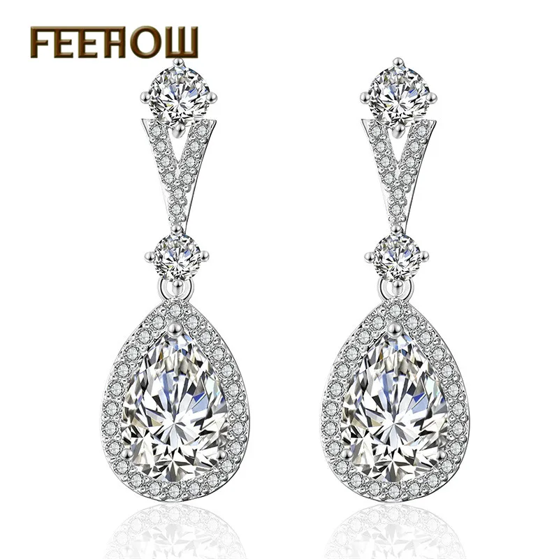 

FEEHOW Trendy Exquisite White Water Drop Crystal Dangle Earrings For Brides Brincos Fashion Wedding Statement Jewelry FWEP2182