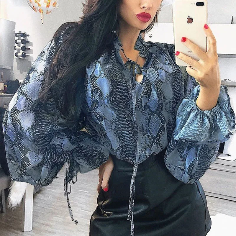 

NORMOV Sexy Bar Women Tops Fashion O Neck Long Sleeve Ruffle Drawstring Snake Printed T Shirts Spandex Loose Tops Female
