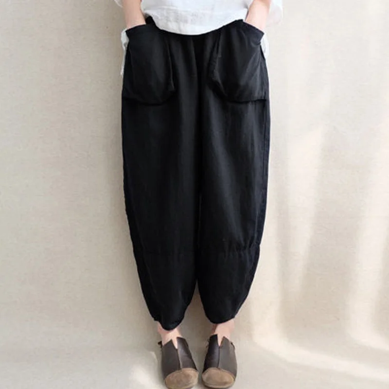 

5XL Plus Size Baggy Loose Cotton Linen Pants Trousers for Women Elastic High Waist Wide Leg Streetweat Solid Female Harem Pants