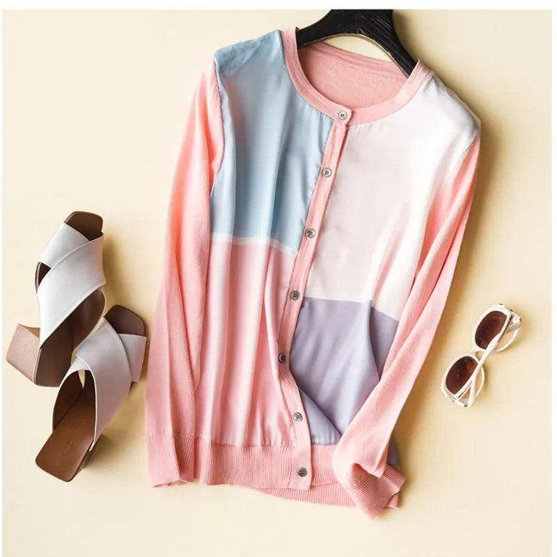 

Luxury Designer Brand Knitted Cardigans for Women O Neck Contrast Color Silk Spliced Loose Wool Knitted Sweater