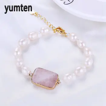 

Genuine Pearl Bracelet For Women Brides Bridesmaids Baroque Pearl Jewelry Natural Rose Quartz Stone Pulseras Mujer Gift