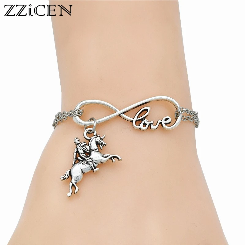 

Personality Punk Jewelry Antique Silver Riding War Horse Guardian Knight Pendant Infinity Love Charm Metal Chain Bracelets