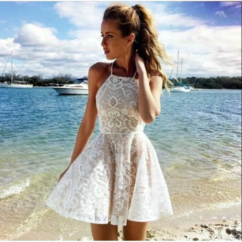 

MUXU sexy Sleeveless suspender white lace dress Short backless women streetwear strapless beach mini sundress mesh jurkjes jurk