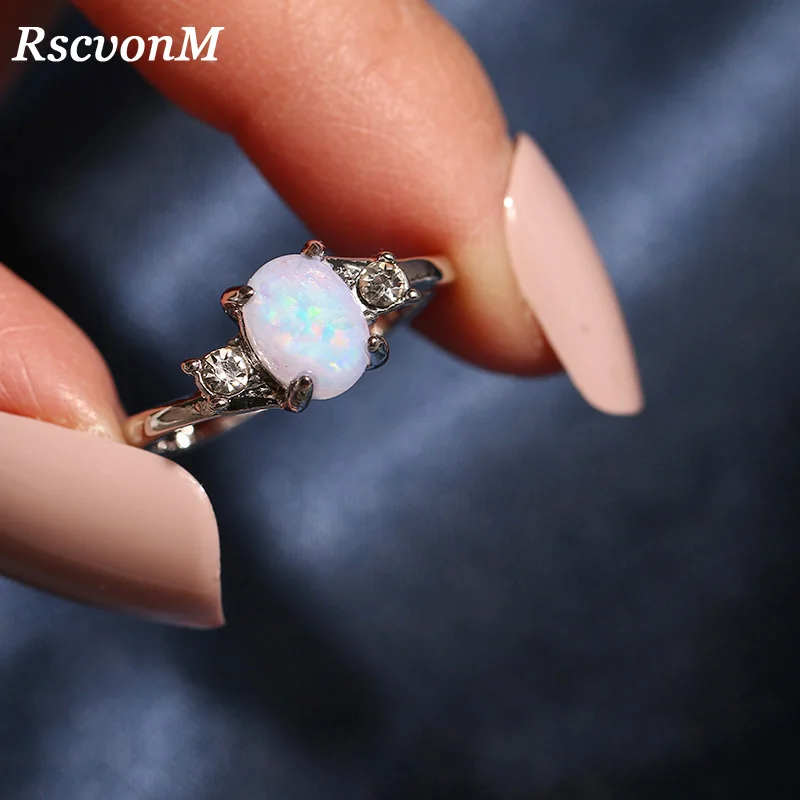 

RscvonM Dainty Oval Fire Opal Rings for Women Silver Colour CZ Engagement Rings Promise Ring Weeding Jewelry Rings