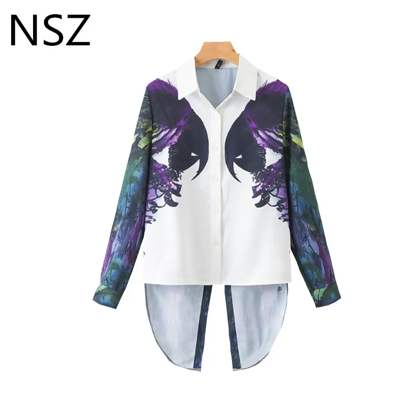 

NSZ Women Parrot Asymmetric Top Oversized Blouse Open Back Shirt White Swallowtail Party Shirt Long Sleeve Ladies Top