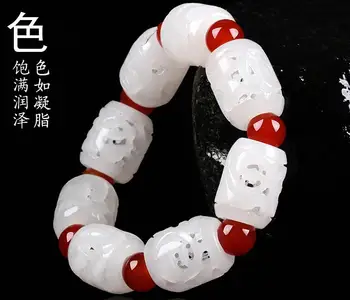 

Hetian jade white jade bracelet, men and women, hollow clouds, carved natural jade road, road transport beads hand string