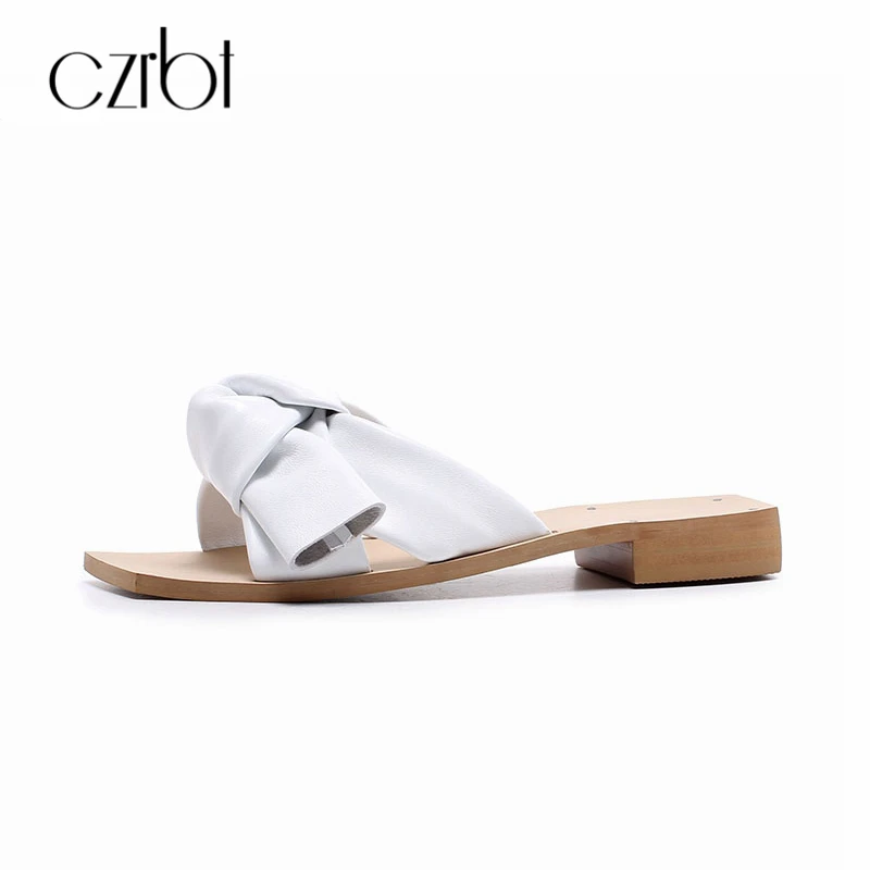 

CZRBT Summer Women's Sey Sandals Slippers Sheepskin Handmade Square heel Casual Female Flower Tide Shoes