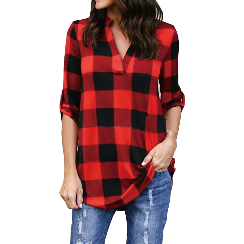 

2019 women blouse plus size XXXXXL AliExpress lattice plaid patchwork explosions V-neck long-sleeved loose ladies shirt EFF6192