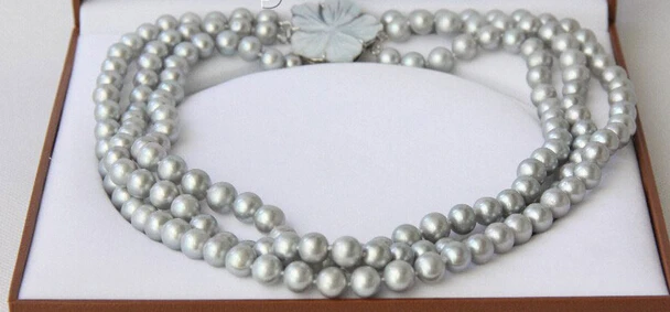 

Miss charm Jew1048 3row 9-10mm round Gray Freshwater pearls necklace seashell clasp
