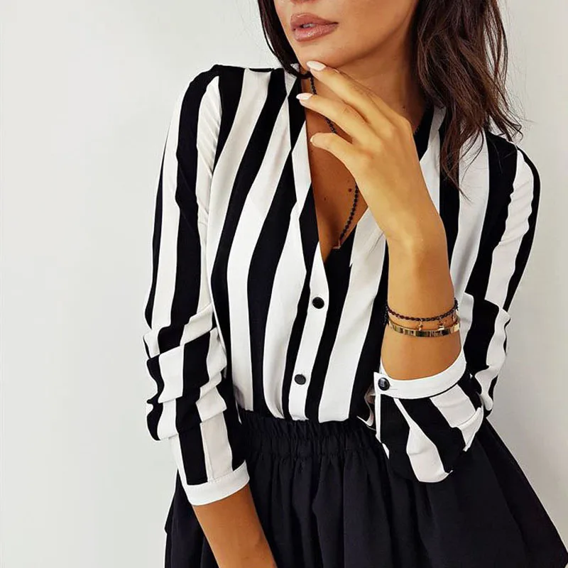 

AvoDovA Women Striped Chiffon Blouses Shirts Spring Autumn Long Sleeve Buttons Sexy V Neck Office Lady Tops