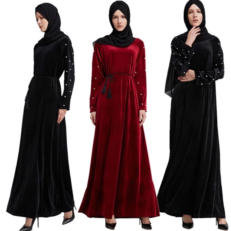 Элегантное мусульманское бархатное Макси платье Abaya туника с бисером длинное