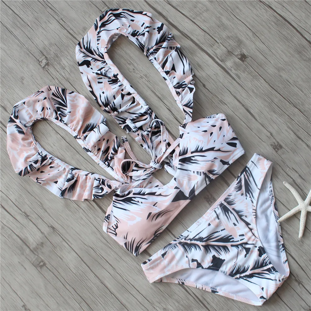 

Women Sexy Ruffled Bikini Set Swimwear 2018 New Push-Up Beach Halter Bandage Swimsuit Bathing Suit Frill Maillot De Bain Femme