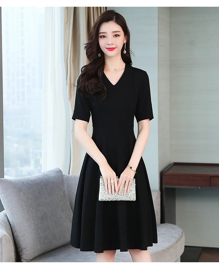 Корейский офисный женский сексуальный сарафан миди, Летний Винтажный 3XL размера плюс, черное однотонное платье, элегантное женское платье с коротким рукавом