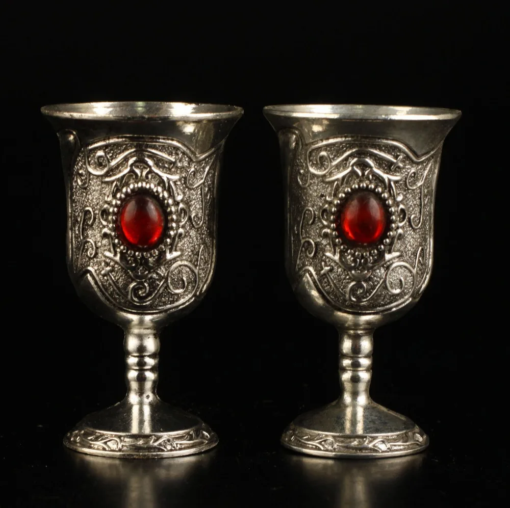 

2.8" 4pcs SUPERB TIBET SILVER INLAID RUBY GOBLET WINE CUP red Jade Wine Cup Decoration 100% real Tibetan Silver Brass