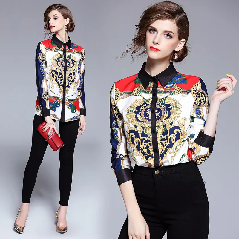 

2019 Spring Summer Fall Runway Vintage Baroque Print Collar Long Sleeve OL Turn-Down Neck Womens Party Casual Top Shirts Blouse