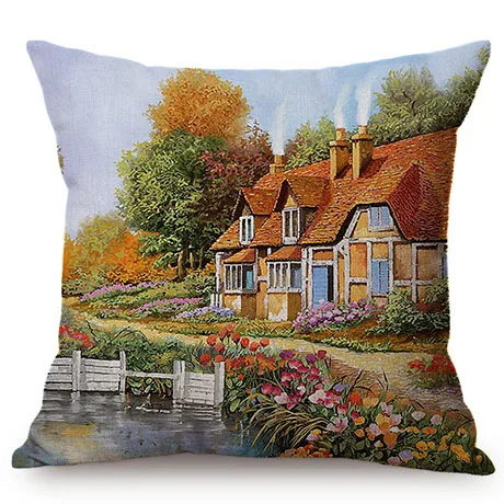Beautiful Countryside Scenery Happy Cottage Childhood Memory Oil Painting Home Decor Throw Pillow Case Sofa Chair Cushion Cover K120-1