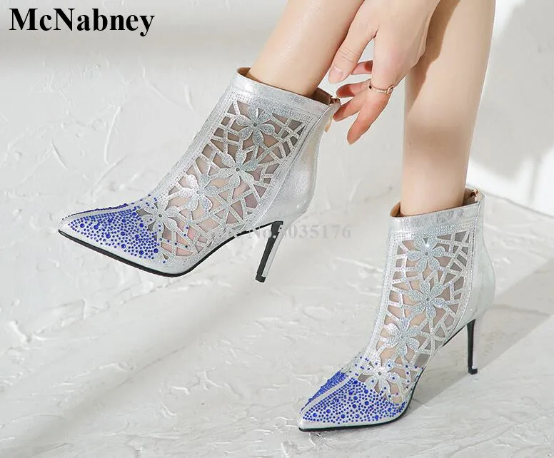 

McNabney Women Short Boots Mesh Hollow Rhinestone Zip Gold Pointed Toe Stiletto Heel High Heel Summer New Sexy Ankle Women Shoes