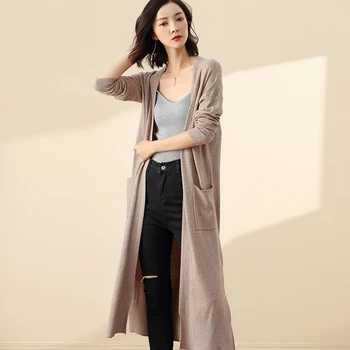 

Women's Cashmere Knitted Bottom Long Sleeve Cardigan Slimming Mid-long Spring Knitted Cardigan Sweater Jacket With Pocket