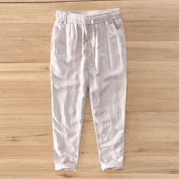 

2019 men's cotton and linen slacks stripe comfortable fall breathable trousers of youth