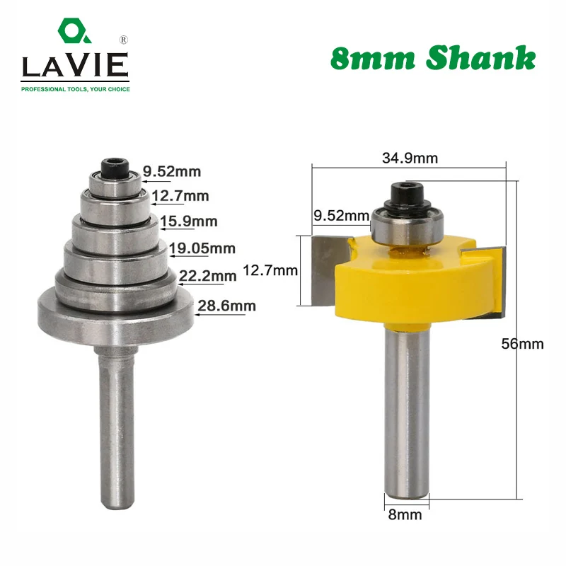 LAVIE 2PCS 8mm Shank Rabbet Router Bit with 6 Adjustable Bearings Tenon Milling Cutter Cemented Car