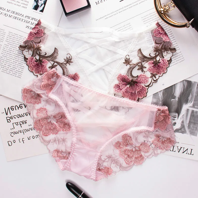 

Roseheart Fashion Pink Trim Lace Embroidery Cotton Cut Out Low Waist Panties Underwear Underpant Sexy Briefs 3 Color 3 Piece