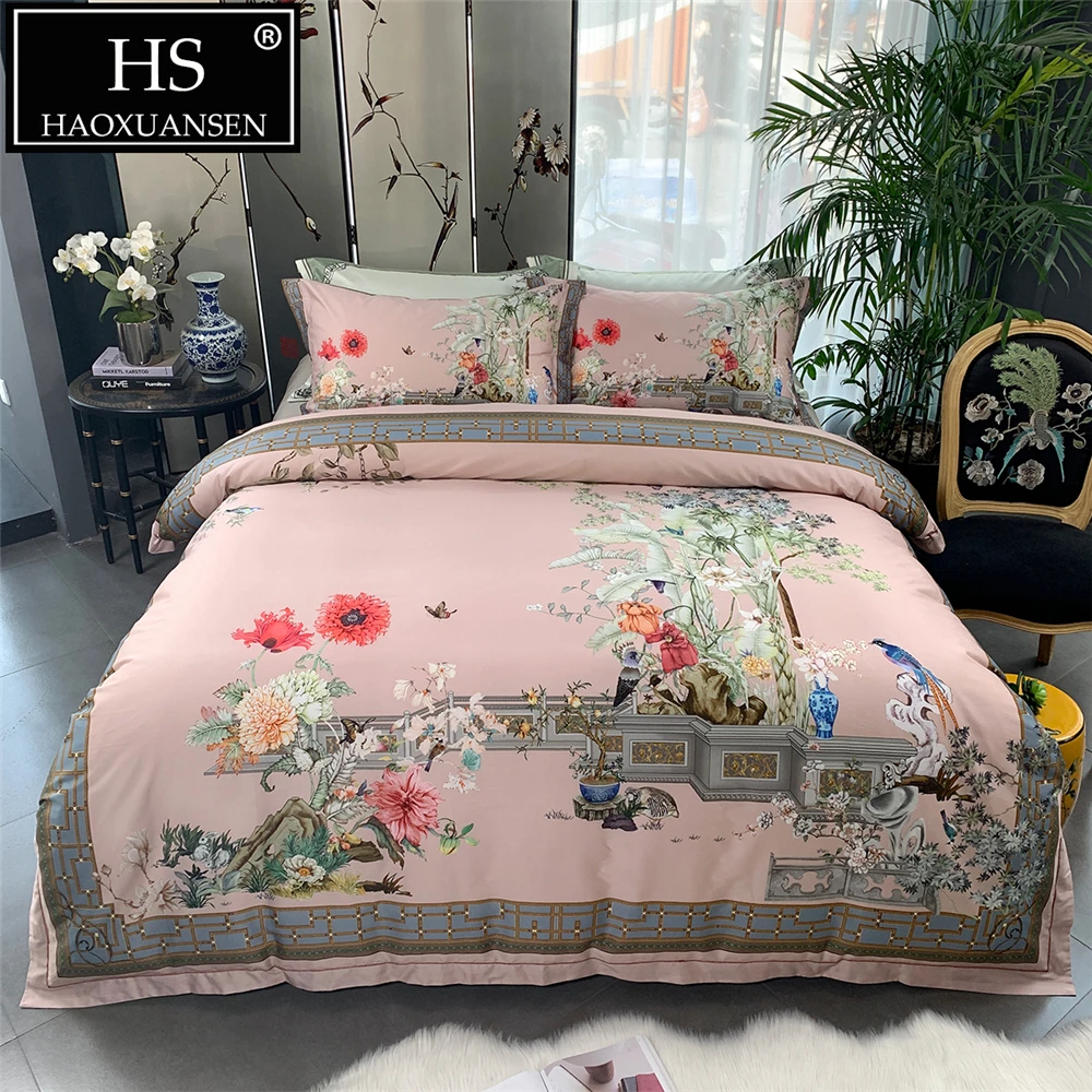 

4pcs Garden Motif Digital Printed Pink Bedding Sets Egyptian Cotton 650 Thread Count Bed Linen Set Queen King Size Adult Bed Set