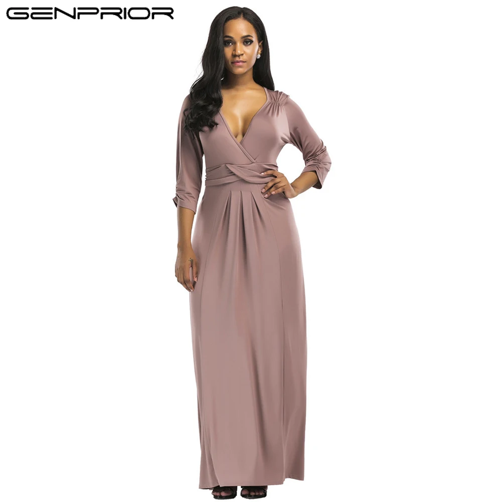 

GENPRIOR Sexy Party Dress Female Plus Size Long Sleeve Deep V-neck High Wasit Draped Elegant Lady Evening Midi Dresses