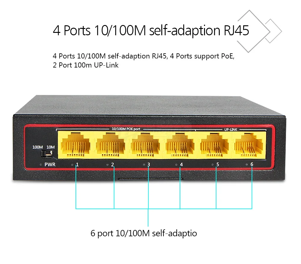 6 Порты и разъёмы Network 10/100 Мбит/с 2 до-Link 4CH POE коммутатор, 4 Порты 100 Mbps POE + 2ch 100 м uplink Мощность Over Ethernet IEEE802.3af