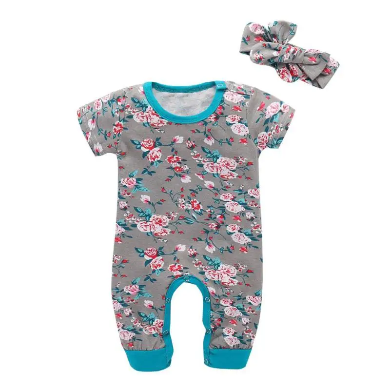 

Summer Fresh Flower Print Cotton Baby Rompers Jumpsuit Newborn Baby Girls Short Sleeve Floral Print O-Neck Romper With Headband