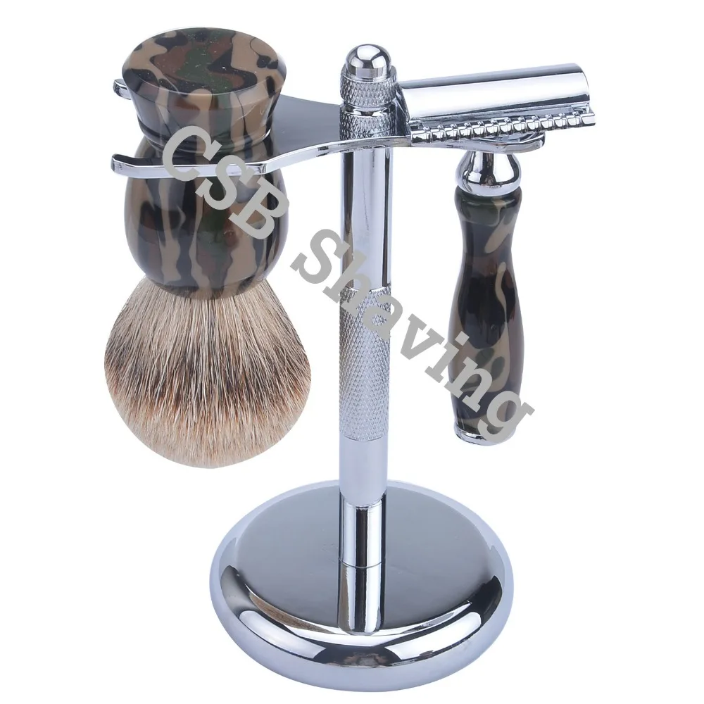 

CSB silvertip badger shaving brush set for man,shaving stand,unscrew double-sided razor, camouflage color shave tools