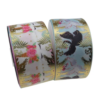 

BOCA Ribbon 3inch 75MM Foil Gold Unicorn and Flamingo Printed Grosgrain Ribbon 100 Yards accept customized order