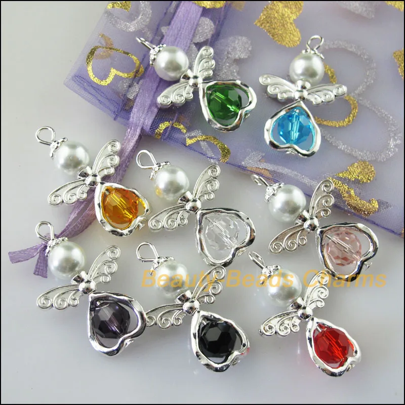 

New 8Pcs Silver Plated Wings Heart Dancing Mixed Angel Charms Pendants 21.5x33mm