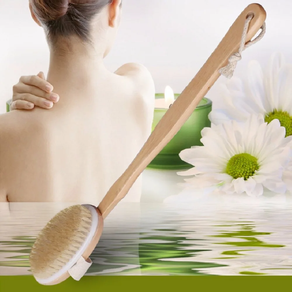 Natural Long Handled Wooden Body Brush Massager Wood Bath Shower Back