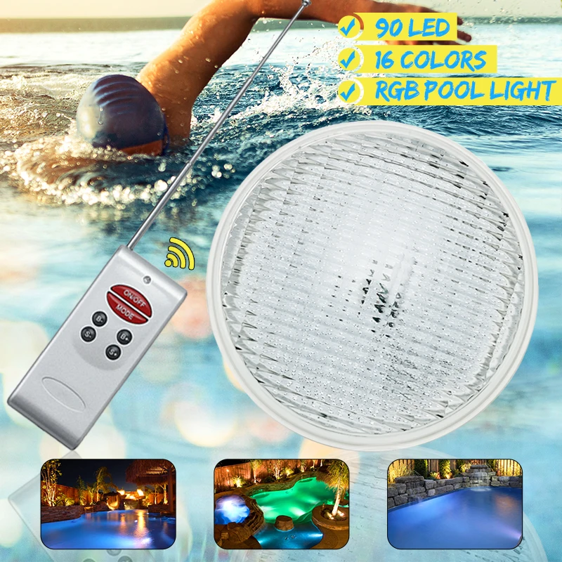 

90Pcs SMD 2835 Lamp 16 Color 12-24V 18W IP68 LED RGB Beads LEDS Underwater Swimming Pool Bright Light + Remote Control White ABS