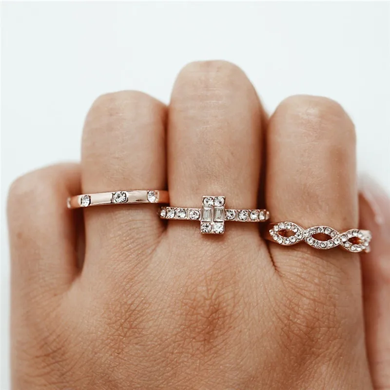 

ROMAD 3 pcs/set Rose Gold Hollow Twist Ring Set For Women Cubic Zirconia Wedding Engagement Ring Fashion Jewelry Size 6-10 R4