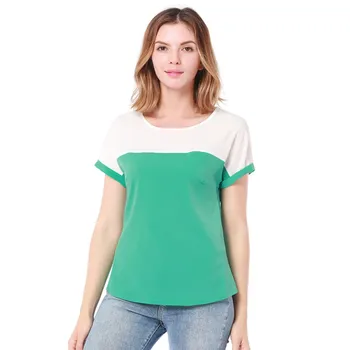 

2018 Women Patchwork Chiffon Tops Summer Fashion Contrast Color Short Sleeves Shirts Ladies Casual Loose Spell Color O-Neck Top