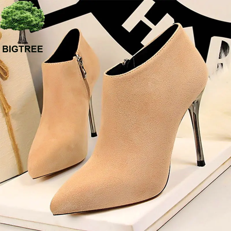 

BIGTREE Pointed Toe Metal Heel Fashion Ladies Ankle Boots High Heels Shoes Women Solid Flock Side Zipper Concise Short Boots