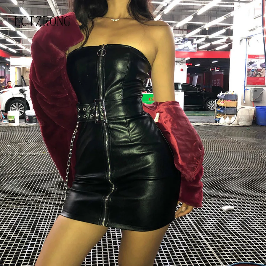 

Sexy Black Bodycon Dress for Women Fashion Party Nightclub Ladies PU Leather Summer Dress Woman Metal Chain Pencil Mini Dress