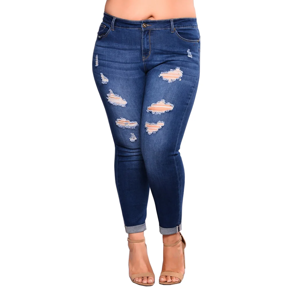 Уличная одежда размера плюс, женские рваные джинсы, модные джинсы с дырками, женские одноцветные узкие брюки-карандаш, женские джинсовые брюки 7XL