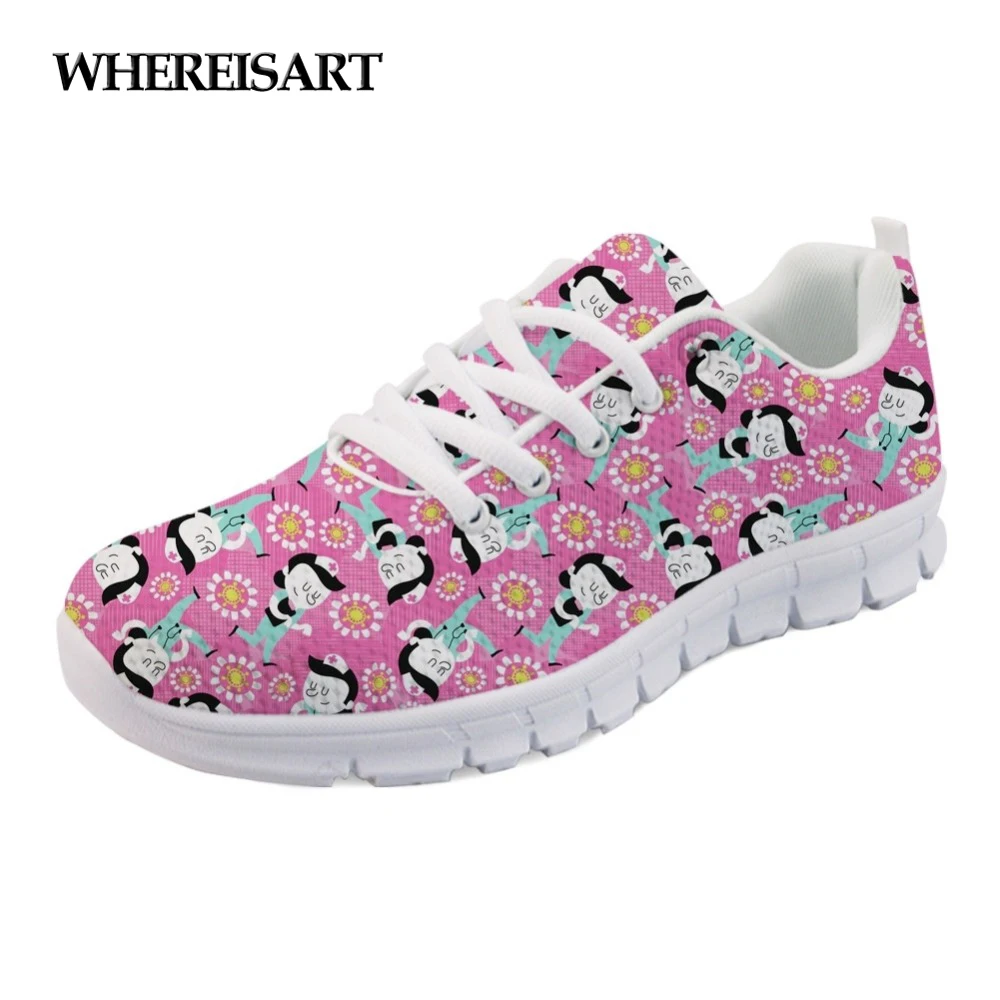 

WHEREISART Brand Designer Sneakers Shoes Women Pink Flower Flats Power Nurse Pattern Mesh Light Lace Up Walking Shoe Girls Mujer