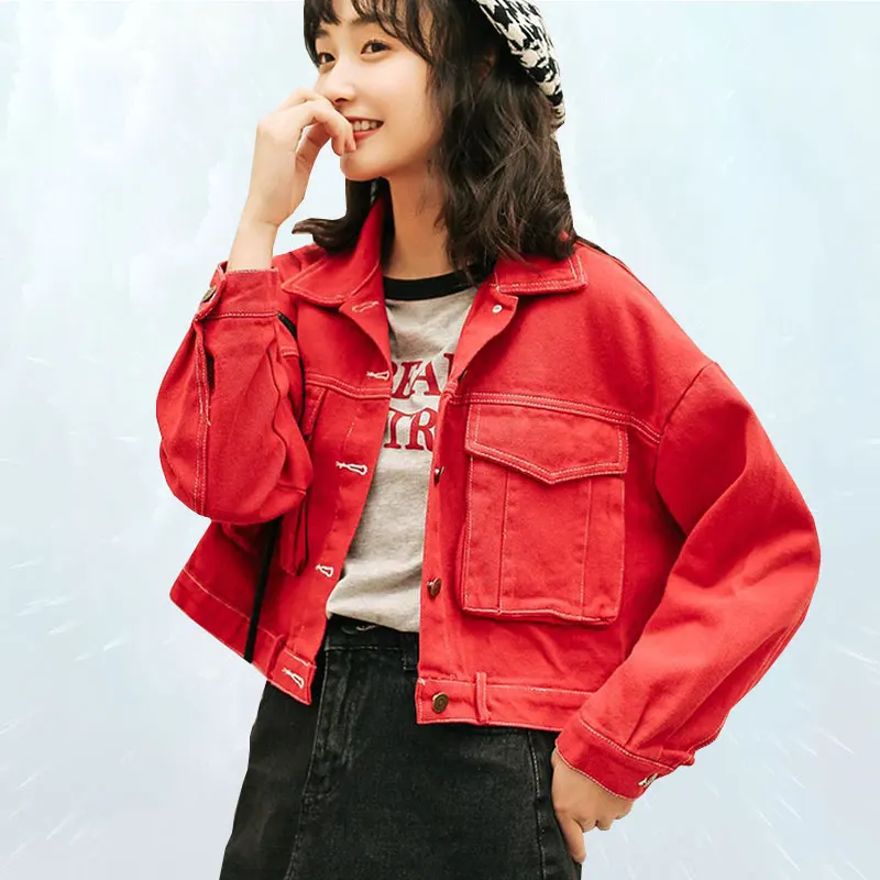 

BF simple Yellow Basic Denim Jacket 2019 Fashion Spring Autumn Jacket Women Loose Plus size large Pocket Jean Outwear SL139