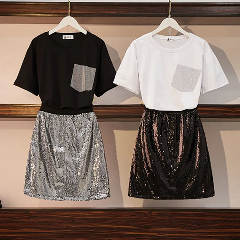 

2019 Summer Women Bedazzle Pocket Short-sleeved Cotton T-shirt+Sequins High Waist Mini Skirts 2PCS Clothing Set Summer Suits