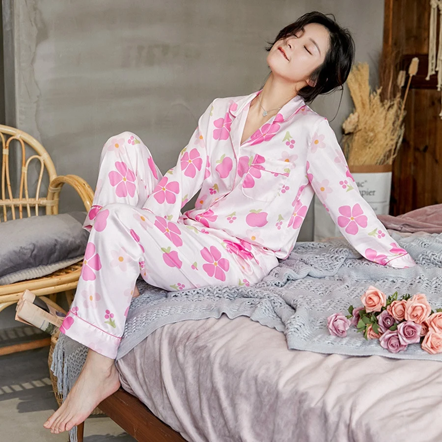 Pink Printed Pajama Set for Femme Silk Pyjamas Long Pants Set Sleepwear Women homewear suit Ladies Satin lady lingerie