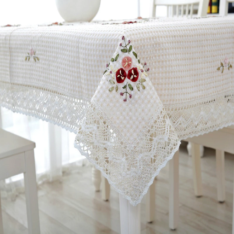 

New Hot Sale Elegant Handmade Crochet Tablecloth Cover Ribbon Embroidery Crocheted Table Cloth Linen Overlay lace