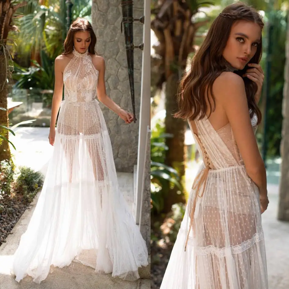 

Sexy Illusion Beach Wedding Dress 2019 High Neck Lace Sleeveless Boho Bridal Gowns Custom Made Cheap Vestido De Novia
