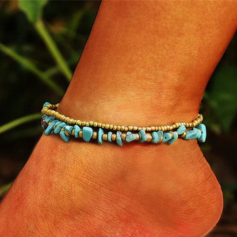 

DIEZI Bohemia Handmade Weave Multilayer Anklet Natural Stone Beaded Anklet Vintage Bracelets for Women Summer Beach Jewelry