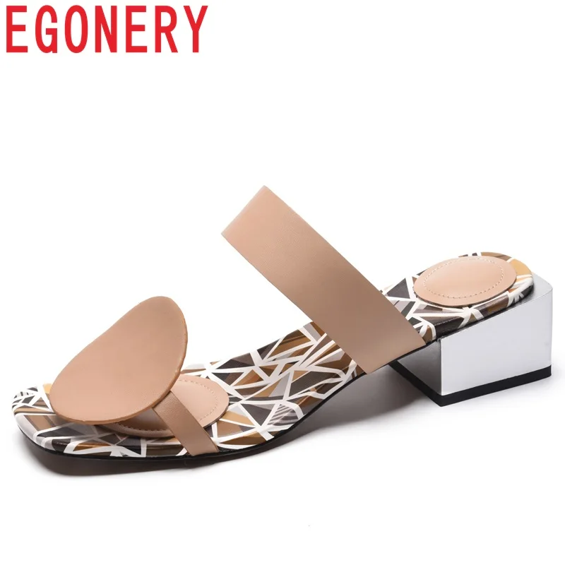 

EGONERY brand fashion genuine cow leather woman mules Slippers summer Slides geomtric Striped plaid pattern med heels shoes