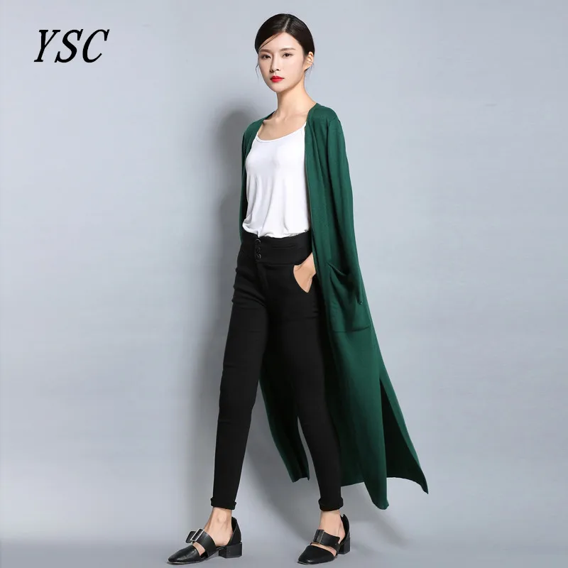 

YUNSHUCLOSET 2017 Spring New pattern fashion ladies knitted Long cashmere cardigan With pocket Higt quality free shipping