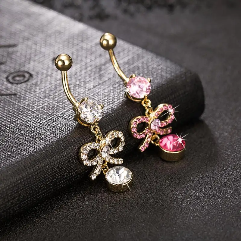Fashion Copper Bow Hanging Crystal Navel Nail Belly Button Body